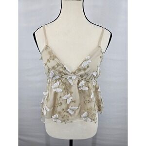 Thirty/Thi LA Butterfly Embroidered Mesh Camisole Top Tan Gold White Small